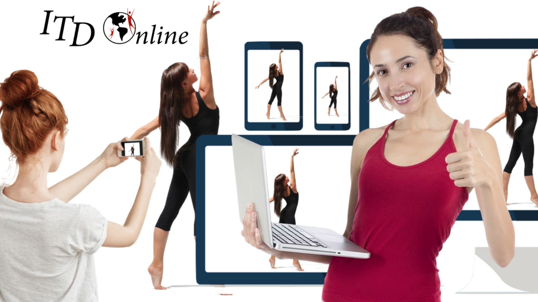 photo depicting dance classes on a computer,tablet, and smart phone.